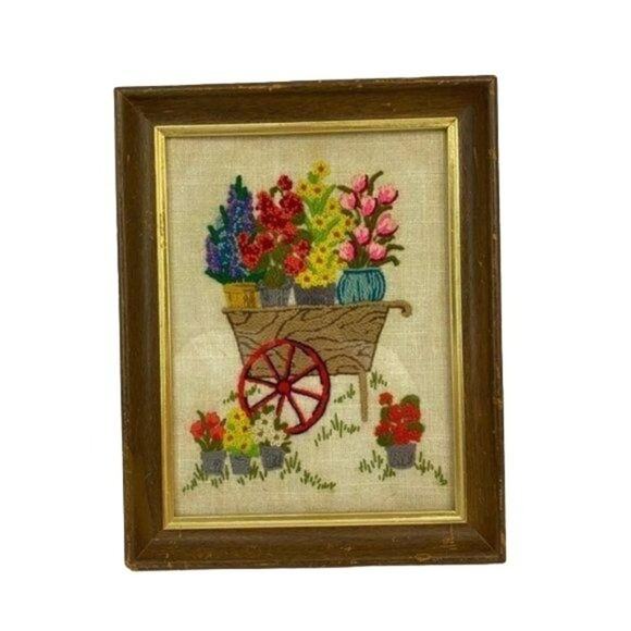 Vintage Completed Flower Garden Wagon Needlepoint Handmade OOAK